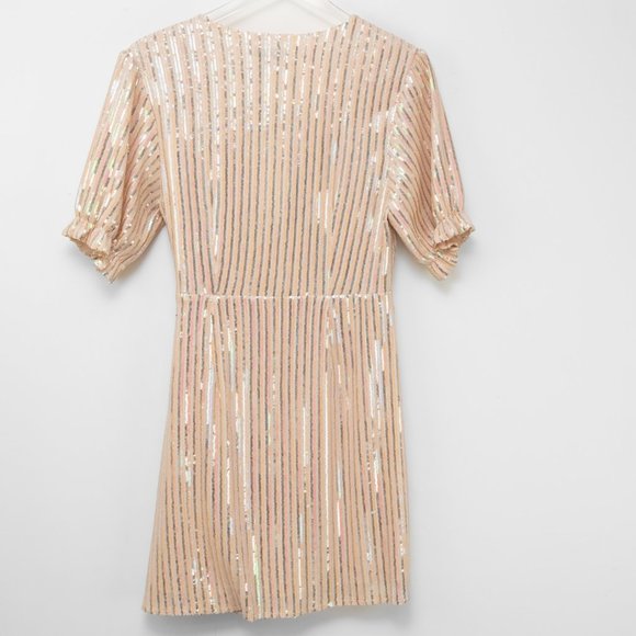 Endless Rose Sequin Mini Wrap Dress Stripe Short Sleeve Gold Pink Medium New - Picture 2 of 7